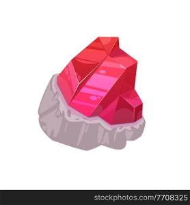 Red magic crystal, precious rock or gem isolated mineral crystalline. Vector semiprecious gemstone, big shiny mineral ore, ruby tourmaline. Fire opal or spinel, pomegranate stone, ui game treasure. Pomegranate stone, fire opal or spinel isolated