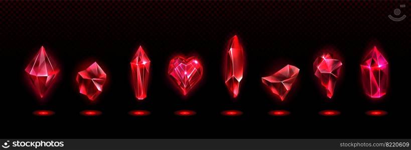 Red magic crystals, glass or gem stones, heart and stalagmites, faceted and rough glowing rocks, isolated crystalline mineral. Jewelry precious or semiprecious gemstones, Realistic 3d vector icons set. Red magic crystals, glass or gem stones, heart