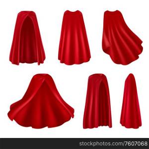 Red mantle realistic images set of isolated robes on blank background with various angles and poses vector illustration