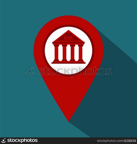 Red map pin icon with bank icon. Flat illustration of red map pin icon with bank vector icon for web isolated on baby blue background. Red map pin icon with bank icon, flat style