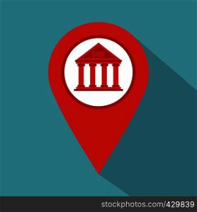 Red map pin icon with bank icon. Flat illustration of red map pin icon with bank vector icon for web isolated on baby blue background. Red map pin icon with bank icon, flat style