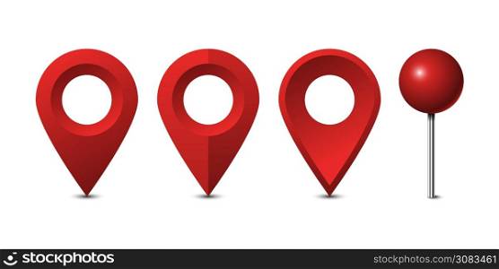Red map pins set isolated on white background, vector illustration