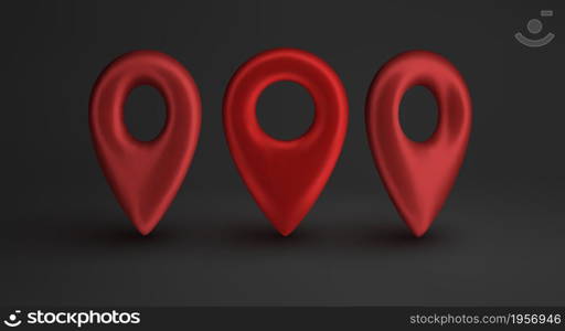 Red map pointer isolated on white background. Find address, location icon concept. GPS 3d Pointer.. Red map pointer isolated on black background. Find address, location icon concept. GPS 3d Pointer on red podium in black interrior. Vector 3d illustration.