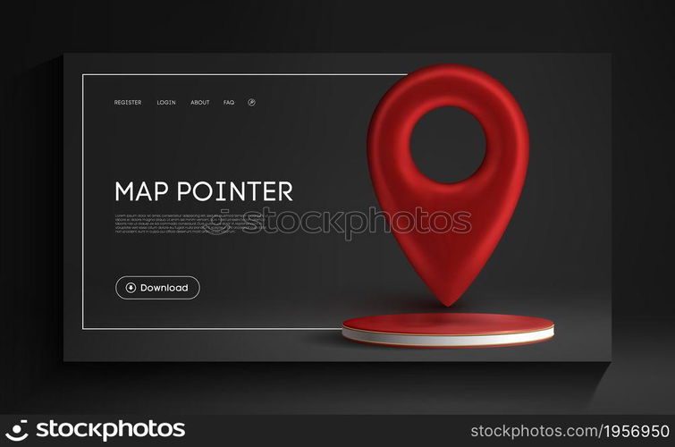 Red map pointer isolated on white background. Find address, location icon concept. GPS 3d Pointer.. Red map pointer isolated on black background. Find address, location icon concept. GPS 3d Pointer on red podium in black interrior. Vector 3d illustration.