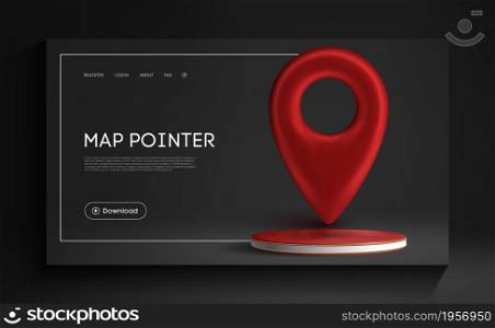Red map pointer isolated on white background. Find address, location icon concept. GPS 3d Pointer.. Red map pointer isolated on black background. Find address, location icon concept. GPS 3d Pointer on red podium in black interrior. Vector 3d illustration.