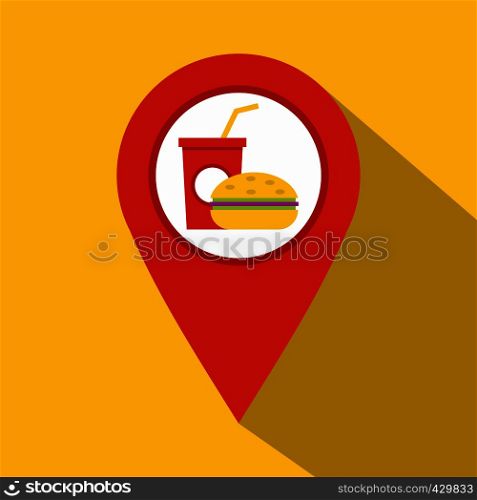 Red map pointer with fast food and restaurant sign icon. Flat illustration of red map pointer with fast food and restaurant sign vector icon for web isolated on yellow background. Red map pointer with fast food sign icon
