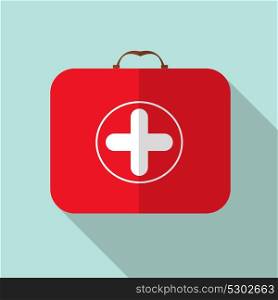 Red Medical Bag with a Cross in Modern Flas Design with Long Shadow Vector Illustration EPS10. Red Medical Bag with a Cross in Modern Flas Design