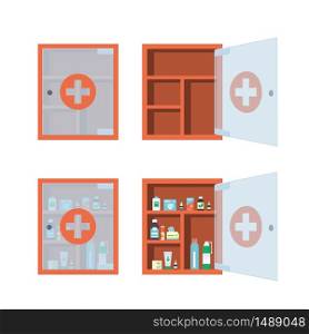 Red medical cabinet with open and closed glass transparent door. Medicine chest full of drugs, tablets and bottles. Isolated vector illustration in flat style on white background. Red medical cabinet with open and closed glass transparent door. Medicine chest