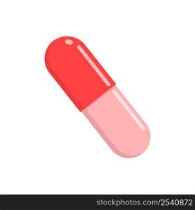 Red medicine capsule isolated on white background. Painkiller or antibiotic. Medical therapy concept. Vector cartoon illustration.. Red medicine capsule isolated on white background. Painkiller or antibiotic. Medical therapy concept. Vector cartoon illustration