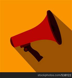 Red megaphone icon in flat style on a yellow background. Red megaphone icon, flat style