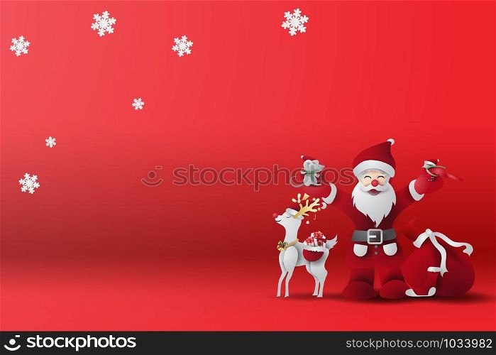 Red Merry Christmas Background with scene place your text.Xmas day and happy new year with winter season landscape by snowflakes.Creative paper cut and craft for Greeting Card.vector illustration.