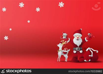 Red Merry Christmas Background with scene place your text.Xmas day and happy new year with winter season landscape by snowflakes.Creative paper cut and craft for Greeting Card.vector illustration.