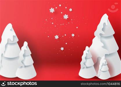 Red Merry Christmas Background with scene place your text.Xmas day and happy new year with winter season landscape by snowflakes.Creative minimal paper cut and craft for Card.vector illustration.