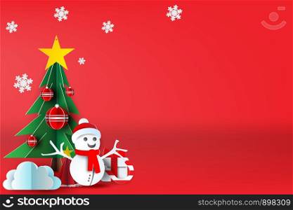 Red Merry Christmas Background with scene place your text.Xmas day and happy new year with wintertime season landscape by snowman.Creative paper cut and craft for Greeting Card.vector illustration