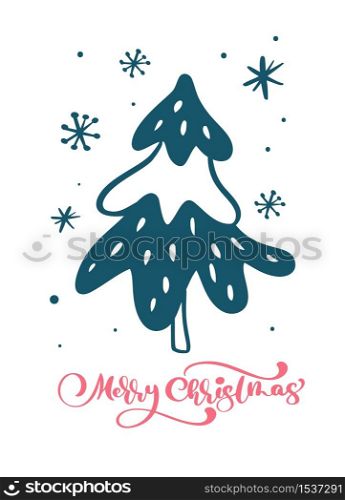 Red Merry Christmas vector scandinavian calligraphic vintage text with Christmas tree and snowflakes. Greeting card template with vintage style elements Doodle Illustration.. Red Merry Christmas vector scandinavian calligraphic vintage text with Christmas tree and snowflakes. Greeting card template with vintage style elements Doodle Illustration