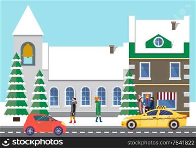 Red microcar and yellow taxi on city asphalted street, road. Great building on background and people standing near it in warm coats. Winter in town and fir trees stand with snow. Vector illustration. Cars on Road, People near City Building in Winter