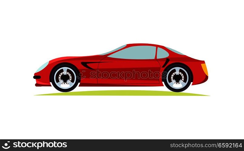 Red modern fast sports car on white background vector illustration. New luxurious and special design for car lovers automobile of future for everyone. Two wheels side door window and lights are shown. Red Modern Fast Sports Car on White Background.