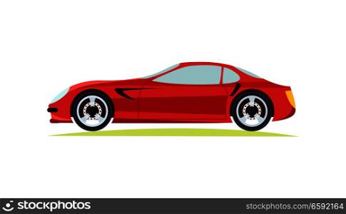 Red modern fast sports car on white background vector illustration. New luxurious and special design for car lovers automobile of future for everyone. Two wheels side door window and lights are shown. Red Modern Fast Sports Car on White Background.