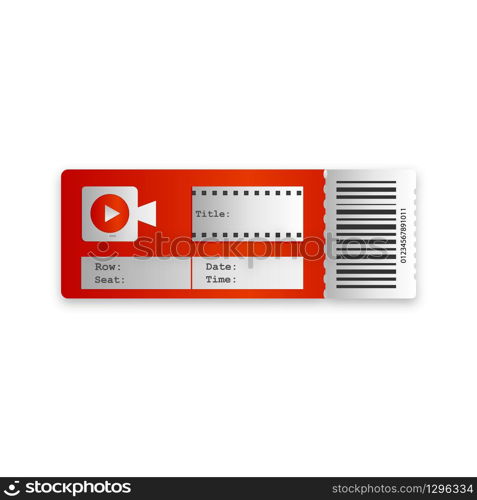 Red modern ticket for cinema, movie, theater. Realistic design with shadow. Vector EPS 10