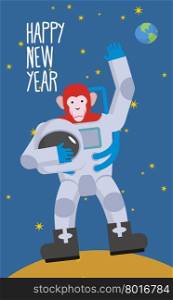 Red Monkey astronaut waving hand. Happy new year. Chimpanzees in spacesuit stands on Moon in space. Vector illustration