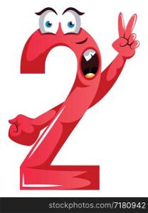 Red monster shape number two with a peace sign illustration vector on white background