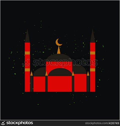 Red mosque on black background with stars lit up. Islamic symbol for holy month of Ramadan. Vector.. Red mosque on black background.