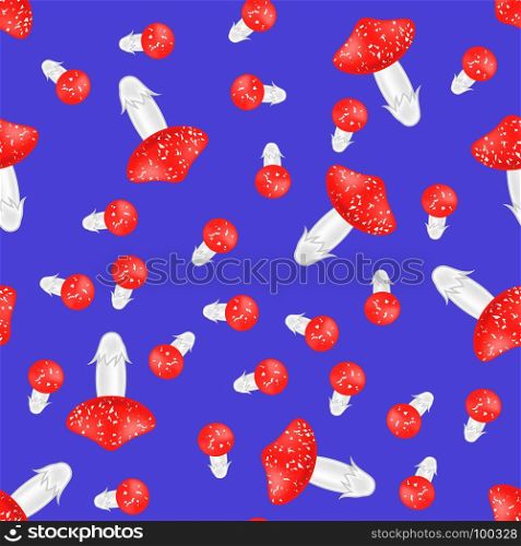 Red Mushroom Seamless Pattern on Blue Background. Red Mushroom Seamless Pattern