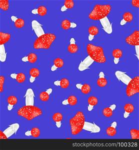 Red Mushroom Seamless Pattern on Blue Background. Red Mushroom Seamless Pattern