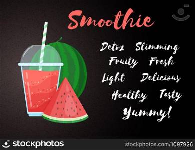 Red natural smoothie fruit shake vector illustration. Fresh vegetarian smoothies drink with red layers in glass with cup and straw. Raw watermelon fruit, sign Smoothie for summer fast food season menu. Red natural watermelon smoothie fruit shake vector