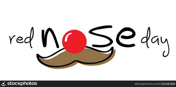 Red nose day concept. Carnival, red ball. emoticon, emoji face smiling and moustache, mustache or beard men face. Clown's face. Cartoon vector cool sign for banner or card.