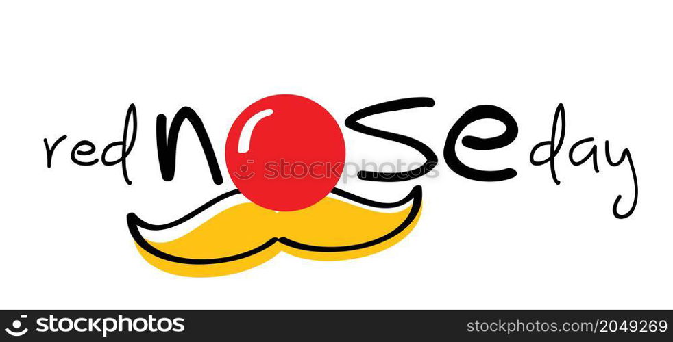 Red nose day concept. Carnival, red ball. emoticon, emoji face smiling and moustache, mustache or beard men face. Clown's face. Cartoon vector cool sign for banner or card.