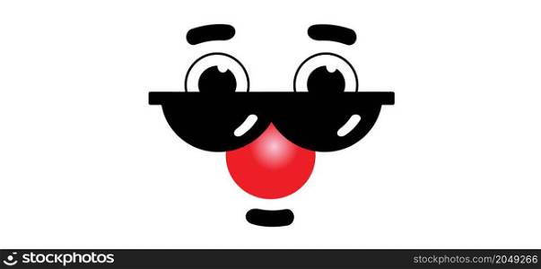 Red nose day concept. Carnival, red ball. emoticon, emoji face smiling and sunglasses. Clown's face. Cartoon vector cool sign for banner or card. Comic sun glasses.