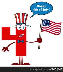 Red Number Four Cartoon Mascot Character Wearing A USA Hat And Waving American Flag