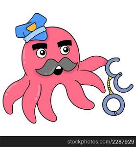 red octopus becomes cop carrying handcuffs ready to catch handcuffs