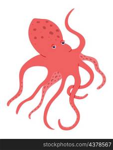 Red octopus isolated on white, marine life. Vector octopus animal, water ocean mascot, marine character squid illustration. Red octopus isolated on white, marine life