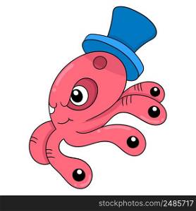 red octopus wearing a hat is walking in a hurry
