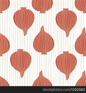 Red onion seamless pattern. Onion bulb vegetable wallpaper. Organic texture. Design for fabric, textile print, wrapping paper, kitchen textiles. Vector illustration. Red onion seamless pattern. Onion bulb vegetable wallpaper.