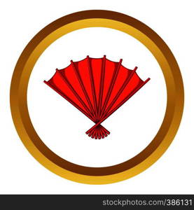 Red open hand fan vector icon in golden circle, cartoon style isolated on white background. Red open hand fan vector icon