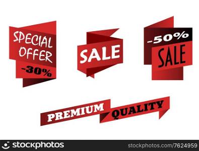 Red origami sale icons showing various discounts with the words, special offer, sale and premium quality on different shaped ribbon banners