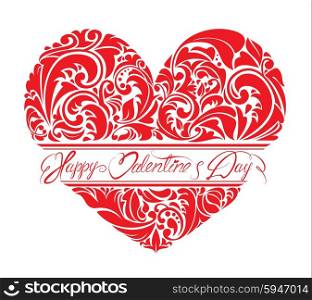 Red ornamental floral heart with calligraphic text Happy Valentine`s Day, isolated on white background.
