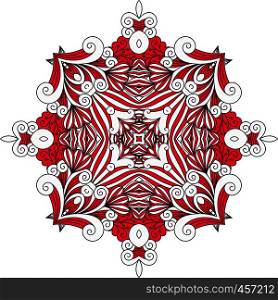 Red ornate geometric symmetrical pattern with intricate detailed swirling shapes over white background. Ornate red symmetrical pattern over white