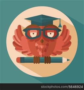 Red owl in graduation cap holding pencil flat vector illustration
