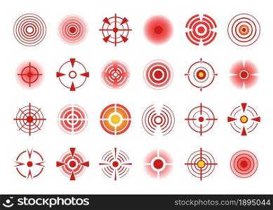 Red pain circle icon, body painful spots. Hurting joints or muscles indication symbol, pains point sign and ache target elements vector set. Medical painkiller advert, targeting remedy. Red pain circle icon, body painful spots. Hurting joints or muscles indication symbol, pains point sign and ache target elements vector set