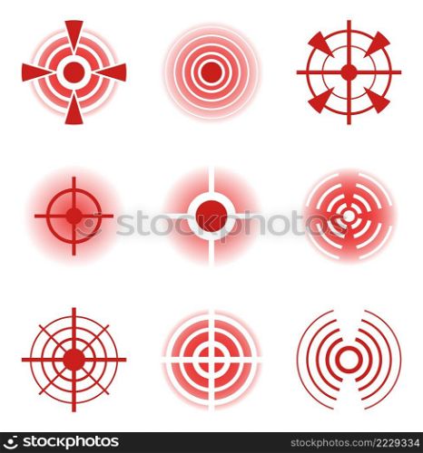 Red pain circle icon, painful area mark for medical therapy. Medicine for injury, muscle ache. Indication of body inflammation for remedy or painkiller advert. Hurting joint targets vector set. Red pain circle icon, painful area mark for medical therapy. Medicine for injury, muscle ache. Indication of body inflammation