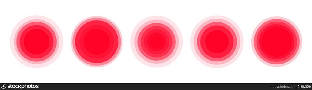 Red pain circle painful area aching spot. Pain localization marks for painkiller medical. Vector illustration.. Red pain circle painful area aching spot. Pain localization marks for painkiller medical.