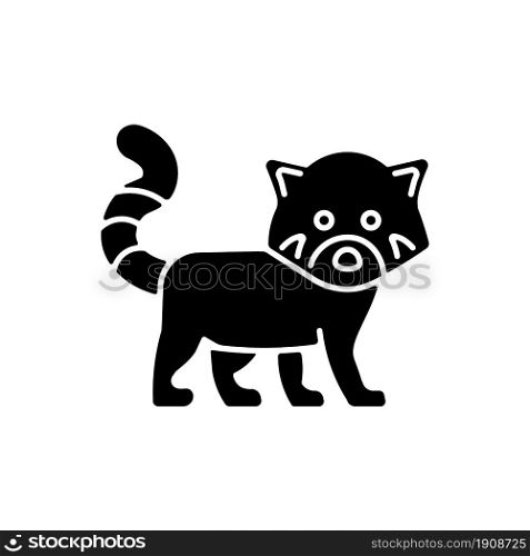Red panda black glyph icon. Wildlife protection in Nepal. Endangered species. Lesser panda with reddish fur. Animal living in mountains. Silhouette symbol on white space. Vector isolated illustration. Red panda black glyph icon