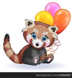 Red panda, cute character with balloons, greeting card, bright childish style. Rare animals, red book, cat, bear. Red panda, cute character with balloons, greeting card, bright childish style. Rare animals, red book, bear