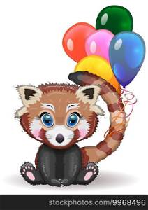 Red panda, cute character with balloons, greeting card, bright childish style. Rare animals, red book, cat, bear. Red panda, cute character with beautiful eyes, bright childish style. Rare animals, red book, cat, bear