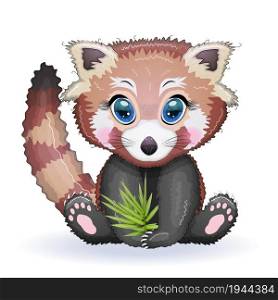 Red panda, cute character with bamboo leaves, greeting card, bright childish style. Rare animals, red book, cat, bear. Red panda, cute character with bamboo leaves, greeting card, bright childish style. Rare animals, red book, bear
