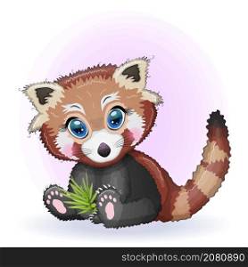 Red panda, cute character with bamboo leaves, greeting card, bright childish style. Rare animals, red book, cat, bear. Red panda, cute character with bamboo leaves, greeting card, bright childish style. Rare animals, red book, bear